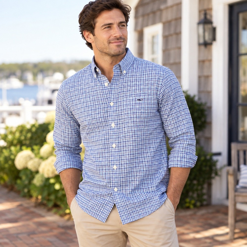 Vineyard Vines Tucker Shirt Classic Fit Button Down Blue White Check Men's Large
